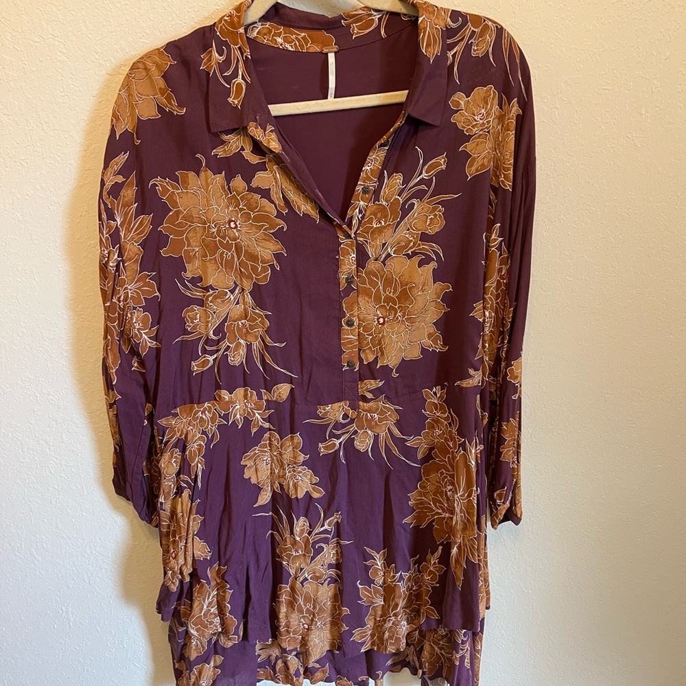 Free People Floral Button-Front Dress - Plum and Gold